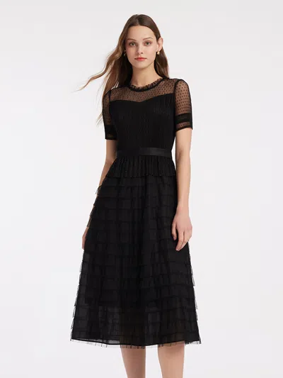 Goelia Short Sleeve Tulle Tiered Maxi Dress In Black