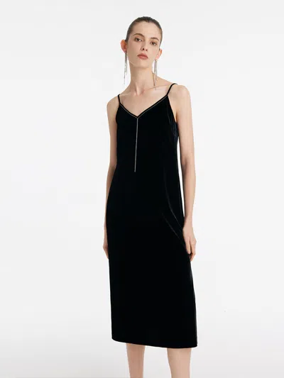 Goelia Silk Blend Spaghetti Strap Women Midi Velvet Dress In Black