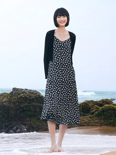Goelia Spaghetti Strap Dress With Knitted Cardigan Two-piece Set In Black