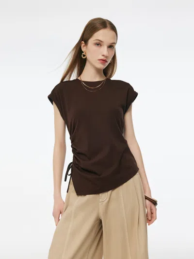 Goelia Stretch Asymmetric Hem Women Drawstring Cap Sleeve Knit Top In Brown