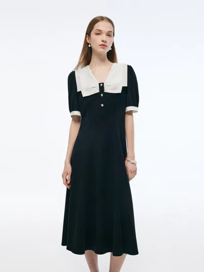 Goelia Stretch Patchwork Collar Women Color Block Midi Dress In Black