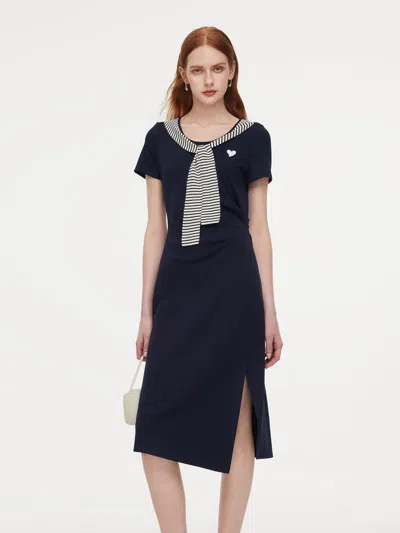 Goelia Stripe Scarf Neck Women Slit Knit Midi Dress In Dark Navy