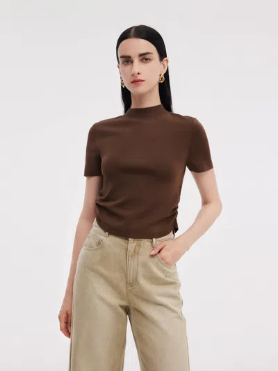 Goelia Tencel Acetate Blend Women Side Pleat Knit Top In Brown