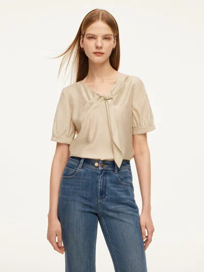 Goelia Tencel Acetate Linen Blend Tie Neck Women Blouse In Brown