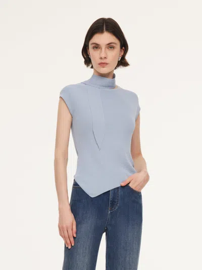 Goelia Tencel Blend Asymmetrical Hem Women Knit Top With Ribbon In Blue