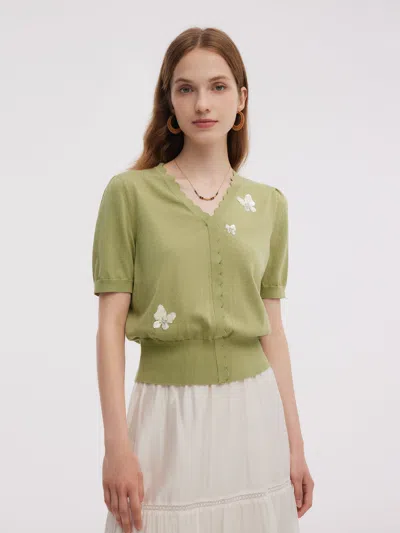 Goelia Tencel Blend Butterfly Embroidered Women Knit Top In Green