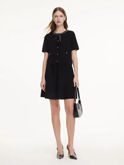 Goelia Tencel Blend Cardigan And Skirt Two-piece Set With Detachable Bowknot In Black