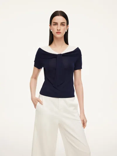 Goelia Tencel Blend Color Block Tie Front Women Knit Top In Blue