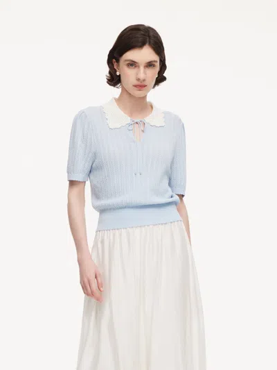 Goelia Tencel Blend Color Block Tie Front Women Openwork Knit Top In Blue