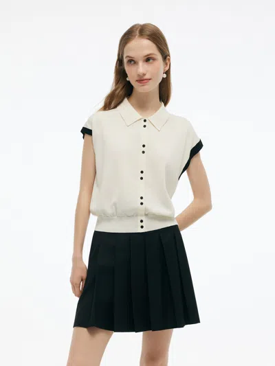 Goelia Tencel Blend Color Block Women Polo Short Sleeve Cardigan In Black
