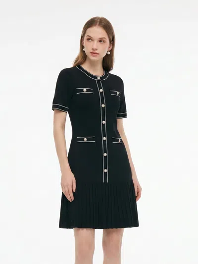 Goelia Tencel Blend Contrast Trim Women Pleated Hem Knit Mini Dress In Black