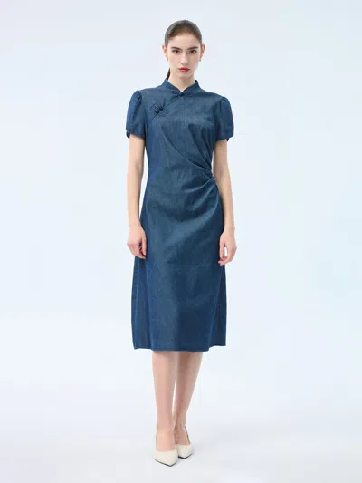 Goelia Tencel Blend Denim Side Twist Women Qipao Midi Dress In Blue