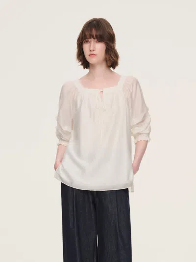 Goelia Tencel Blend Embroidered Square Neck Women Blouse In White