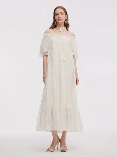 Goelia Tencel Blend Embroidered Women Maxi Dress In White