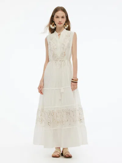Goelia Tencel Blend Embroidered Women Maxi Vest Dress With Tie String Belt In Neutral
