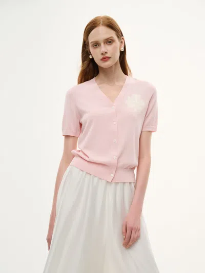 Goelia Tencel Blend Floral Embroidered Women Short Sleeve Cardigan In Pink
