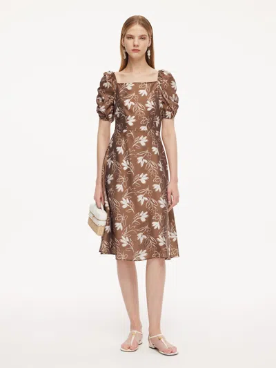 Goelia Tencel Blend Floral Print Square Neck Women Midi Dress In Brown