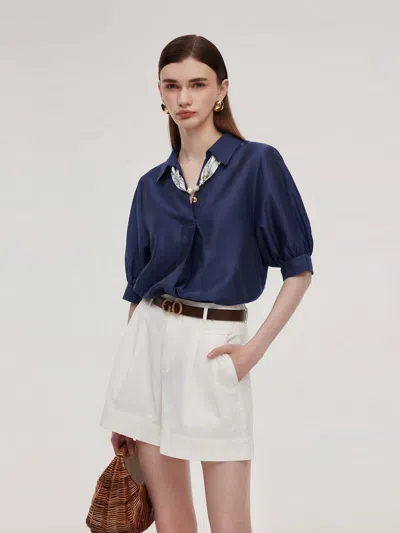 Goelia Tencel Blend Loose Fit Women Blouse With Silk Scarf In Blue