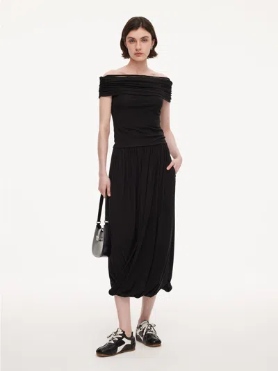 Goelia Tencel Blend Off Shoulder Knit Top And Bubble Hem Skirt Two-piece Set In Black
