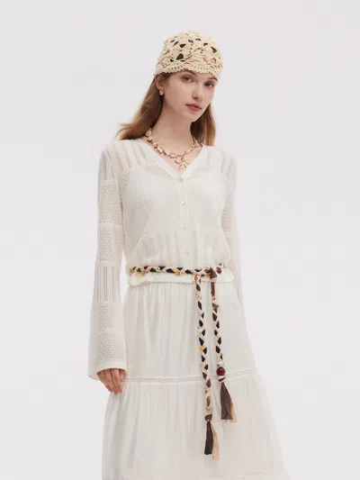 Goelia Tencel Blend Openwork Women Flared Sleeve Cardigan In White
