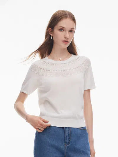 Goelia Tencel Blend Openwork Women Ruffle Round Neck Knit Top In White