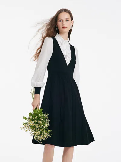 Goelia Tencel Blend Patchwork Acetate Midi Women Ruffle Dress In Black