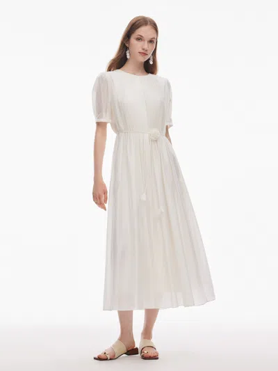 Goelia Tencel Blend Pleated Women Loose A-line Maxi Dress In White