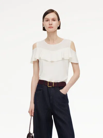 Goelia Tencel Blend Ruffle Cold Shoulder Women Knit Top In White