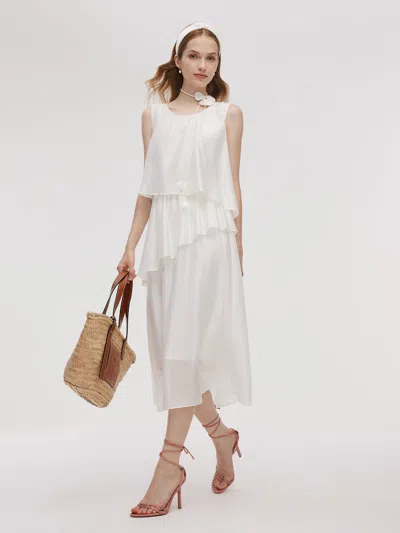 Goelia Tencel Blend Ruffle Women Tiered Sleeveless Midi Dress In White
