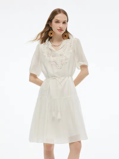 Goelia Tencel Blend Sequins Embroidered Women Midi Dress With Tie String Belt In White