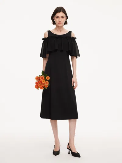 Goelia Tencel Blend Sleeveless Women Knit Midi Dress With Detachable Flounce Overlay In Black