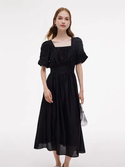 Goelia Tencel Blend Square Neck Women Puff Sleeve Maxi Dress In Black