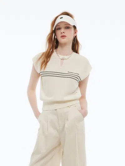 Goelia Tencel Blend Stripe Letter Print Women Cap Sleeve Knit Top In Neutral