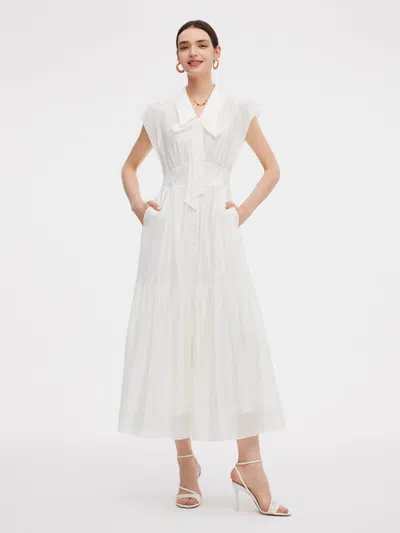 Goelia Tencel Blend Women Cap Sleeve Maxi Dress With Ribbon In White