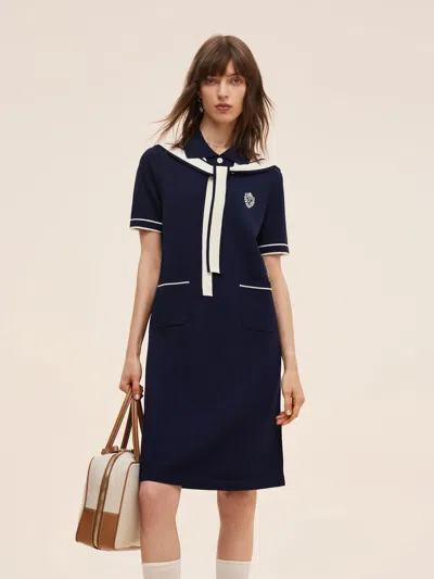 Goelia Tencel Blend Women Knit Mini Dress With Detachable Sailor Collar In Blue