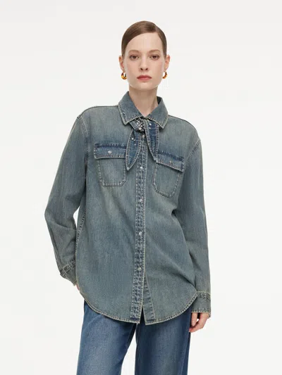 Goelia Tencel Cotton Blend Denim Women Shirt With Detachable Rhinestone Ties In Blue