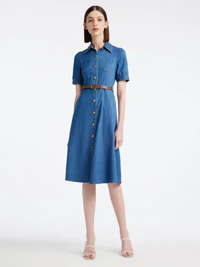 Goelia Tencel Denim Shirt Midi Collared Dress With Belt In Blue