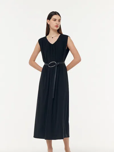 Goelia Tencel Knit Women Sleeveless Midi Dress With Leather Belt In Black