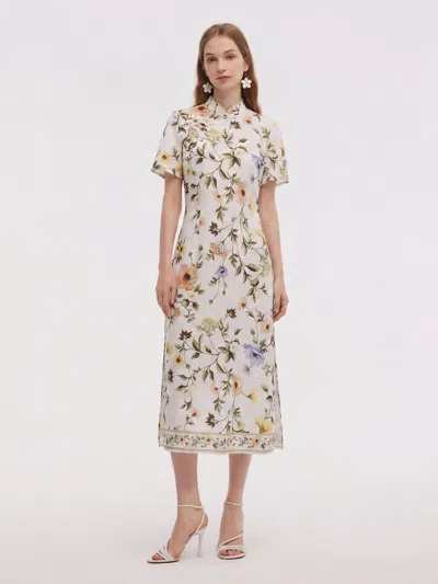 Goelia Tencel Linen Blend Floral Print Women Qipao Maxi Dress In Neutral