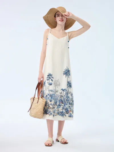 Goelia Tencel Linen Blend Floral Print Women Strap Maxi Dress In White