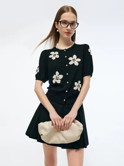 Goelia Tencel Mulberry Silk Blend Floral Jacquard Women Cardigan In Black