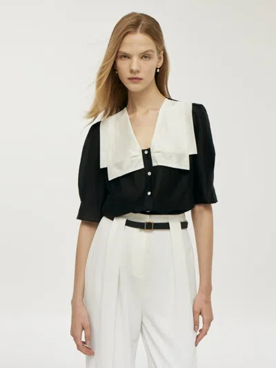 Goelia Tencel Patchwork Lapel Women Shirt In Black