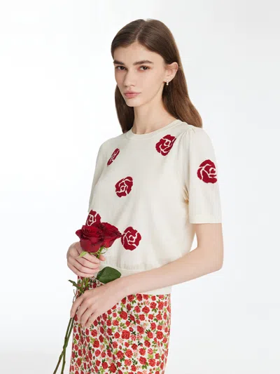 Goelia Tencel Rose Jacquard Women Knit Top In White