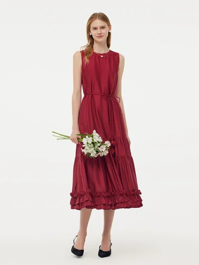 Goelia Tencel Ruffle Hem Women Tiered Vest Midi Dress With Slip Dress And Belt In Red