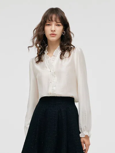Goelia Tencel Ruffle Neck Women Shirt In White