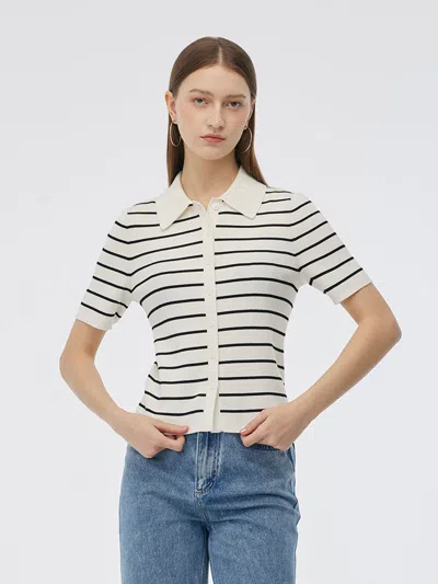 Goelia Tencel Stripe Women Short Sleeve Cardigan In Black And White Stripe