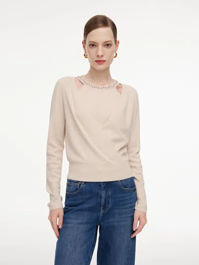 Goelia Tencel Wool Blend Beaded Neck Women Cut-out Wrap Knit Top In Neutral