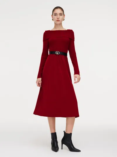 Goelia Tencel Wool Blend Boat Neck Women Knit Maxi Dress With Leather Belt In Red