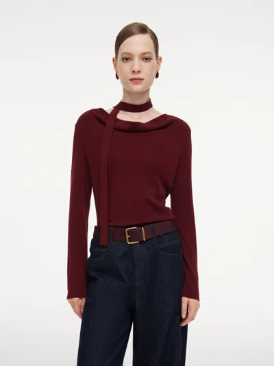 Goelia Tencel Wool Blend Cowl Neck Women Knit Top With Ribbon In Burgundy