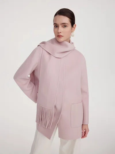 Goelia Tencel Wool Blend Double-faced Women Coat With Fringe Scarf In Pink
